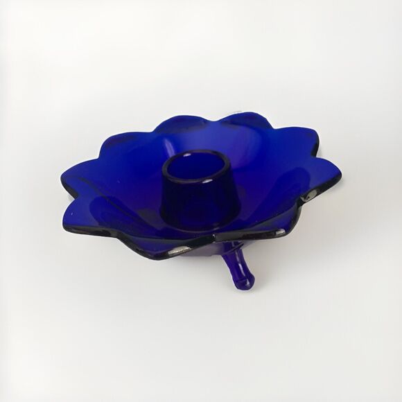Fenton Cobalt Blue Glass Lotus Candlestick Holder Flower Vintage Home Decor - Picture 6 of 10
